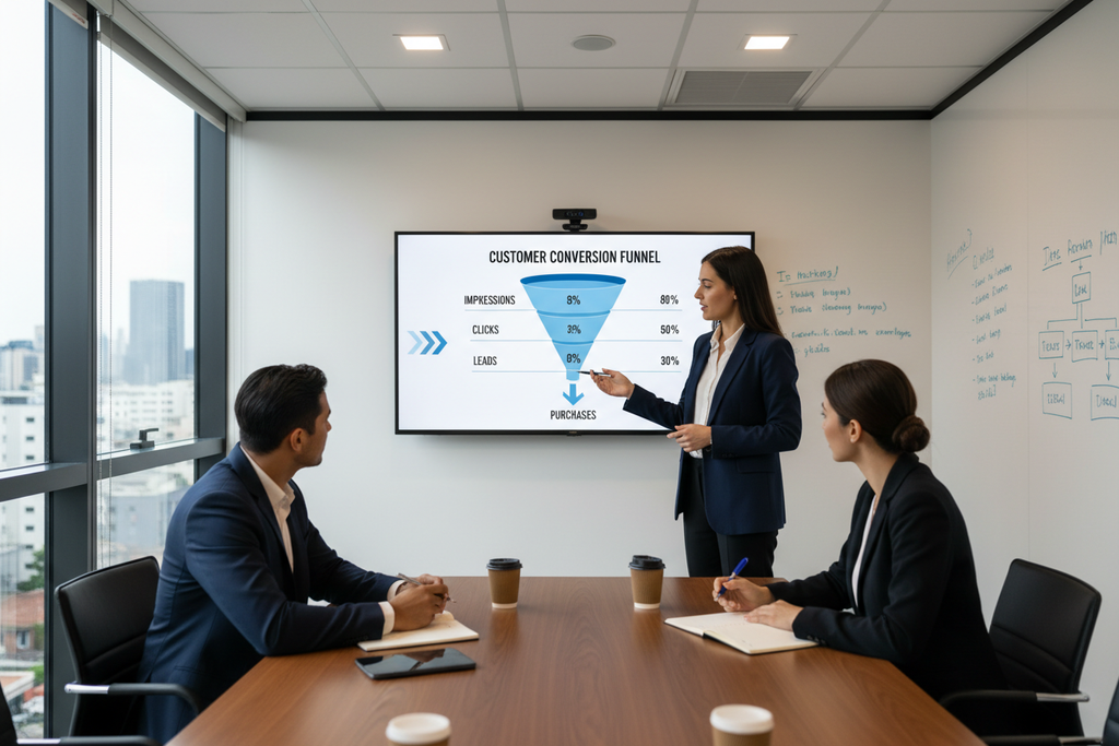 Consultant presenting funnel analysis to clients